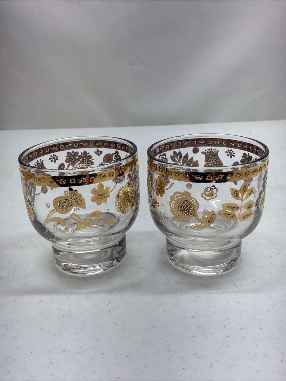 Culver 22K Gold MCM Chantilly Pattern Low Ball Glasses Set of 2 Signed
